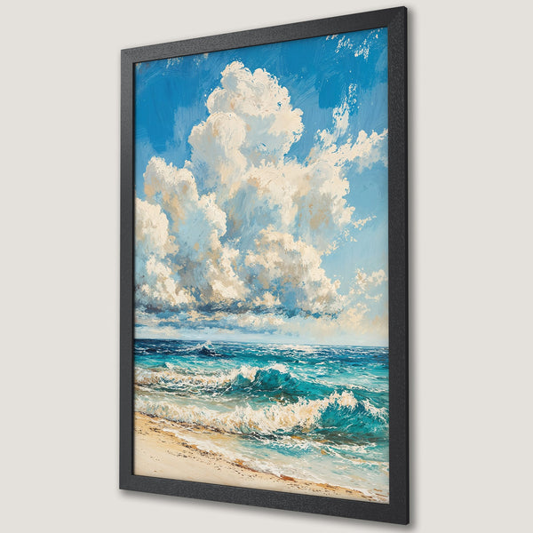 Framed Poster of ocean waves in a painterly style with blue, white, and beige hues. Coastal art for your home!