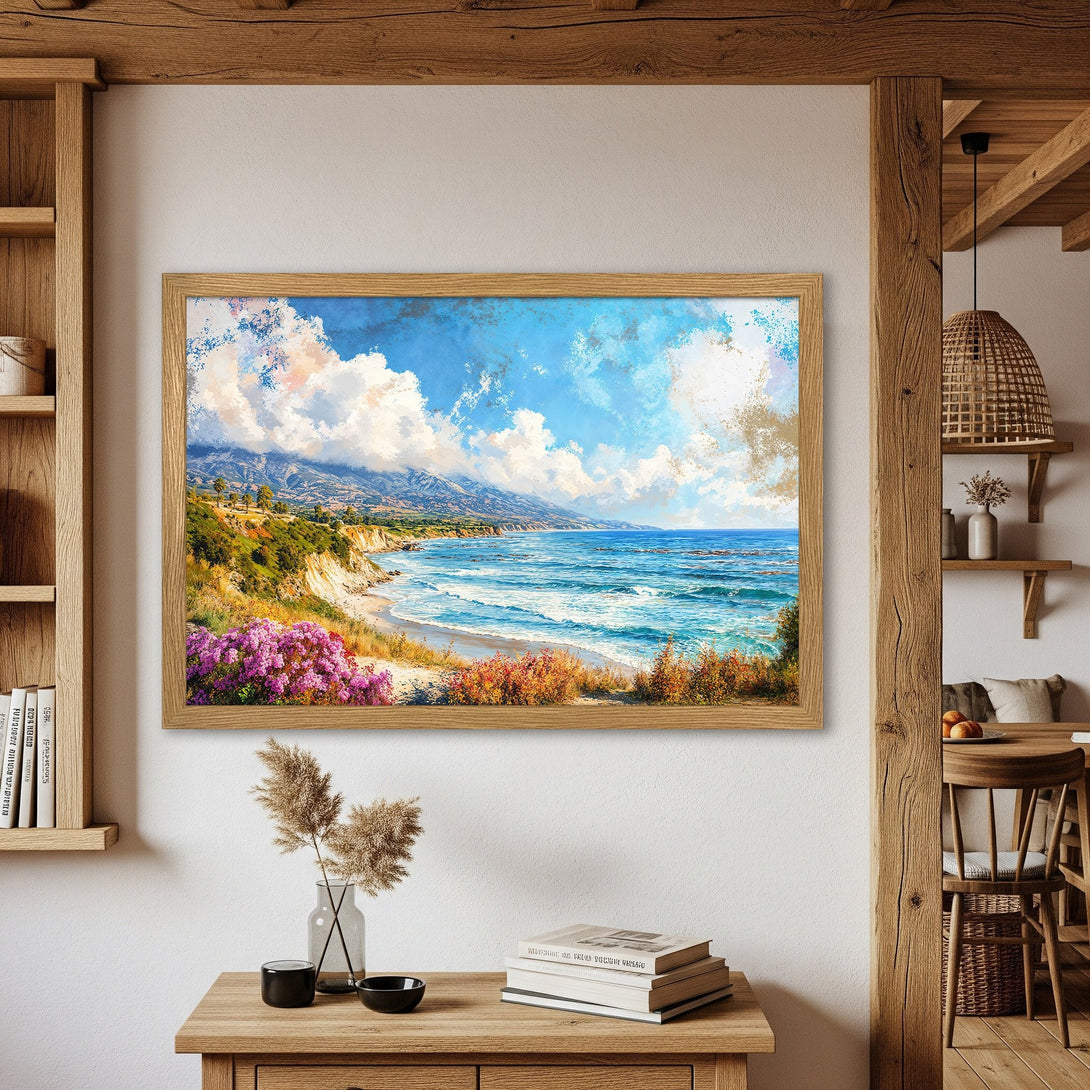 Framed Poster of a coastal landscape painting. Features blue, white, and green hues with a touch of pink and yellow. Perfect wall art!