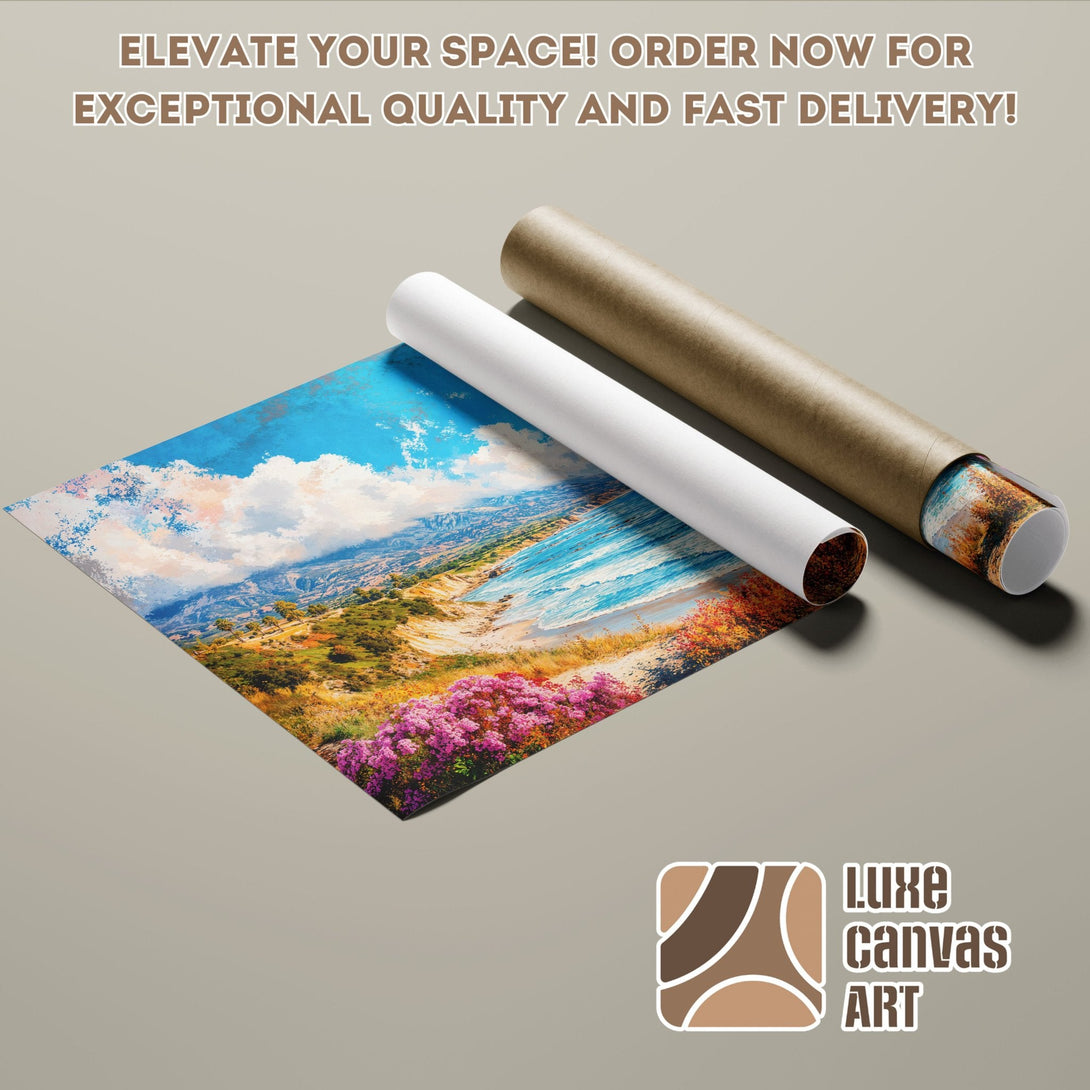Poster Roll featuring a coastal landscape in vibrant blues, greens, and pinks. Elevate your space with this stunning art!