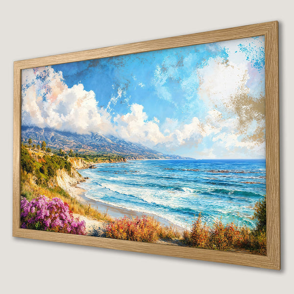 Framed Poster: Coastal landscape art print with blue, gold, and pink color palette. Perfect for home decor!