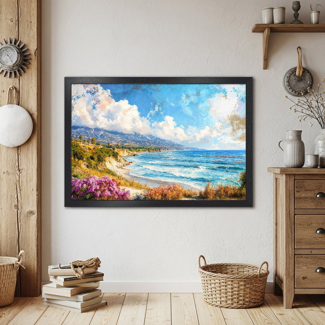 Framed Poster of a coastal landscape painting in blue, white, and green tones. Perfect wall art for any room.