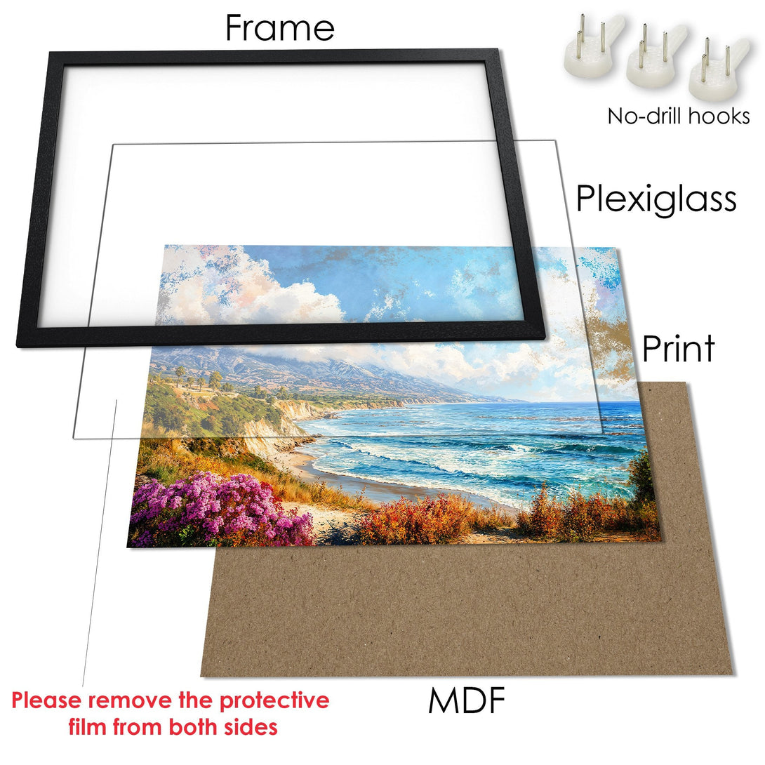 Framed Poster of a coastal landscape in a vibrant, painterly style with blues, greens, and pinks. Ready to hang!