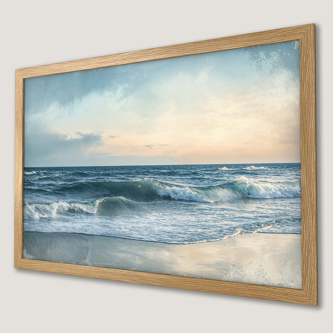 Framed Poster of ocean waves in a serene, blue and beige color palette. Coastal art print for your home.