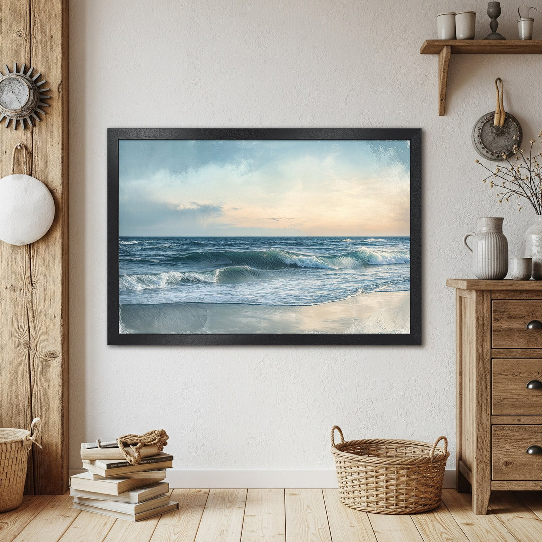 Framed Poster of ocean waves in a serene, pastel blue and beige color palette. Coastal wall art for a calming home.