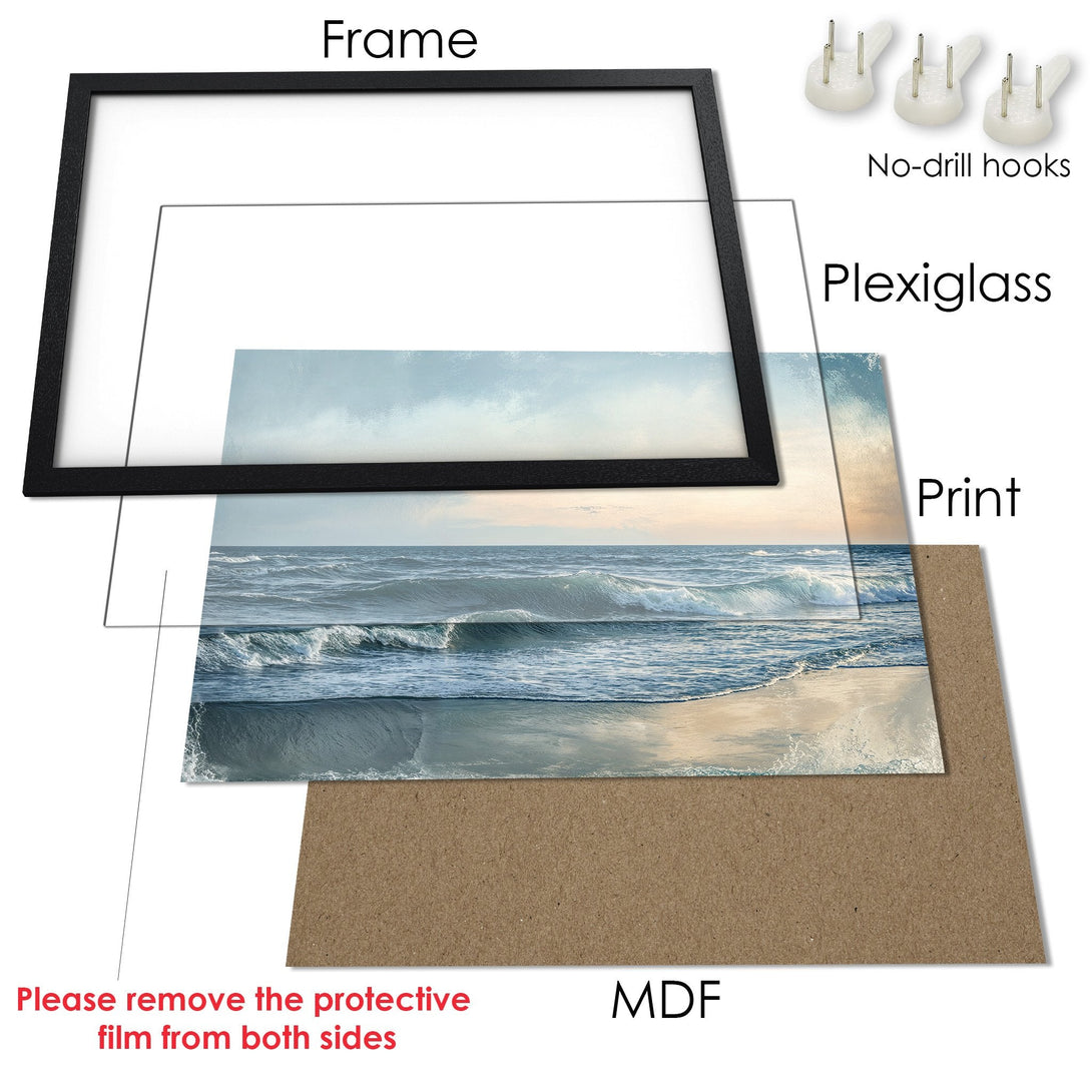 Framed Poster of a serene ocean scene. Coastal art print in calming blues and neutral tones. Ready to hang!