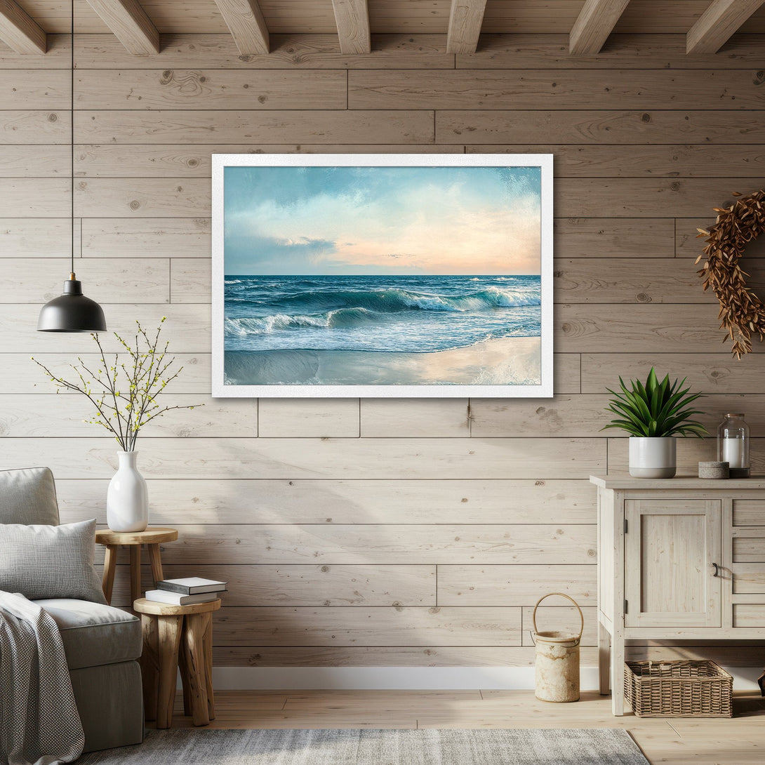 Framed Poster of ocean waves in a coastal style, featuring a blue and beige color palette. Perfect beach house decor.