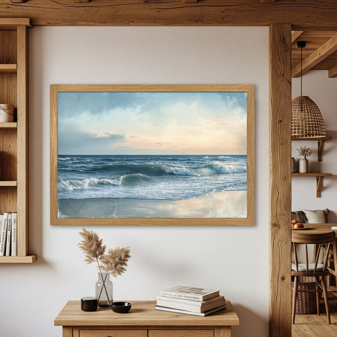 Framed Poster of ocean waves in a serene, blue and beige palette. Coastal art for a calming home.