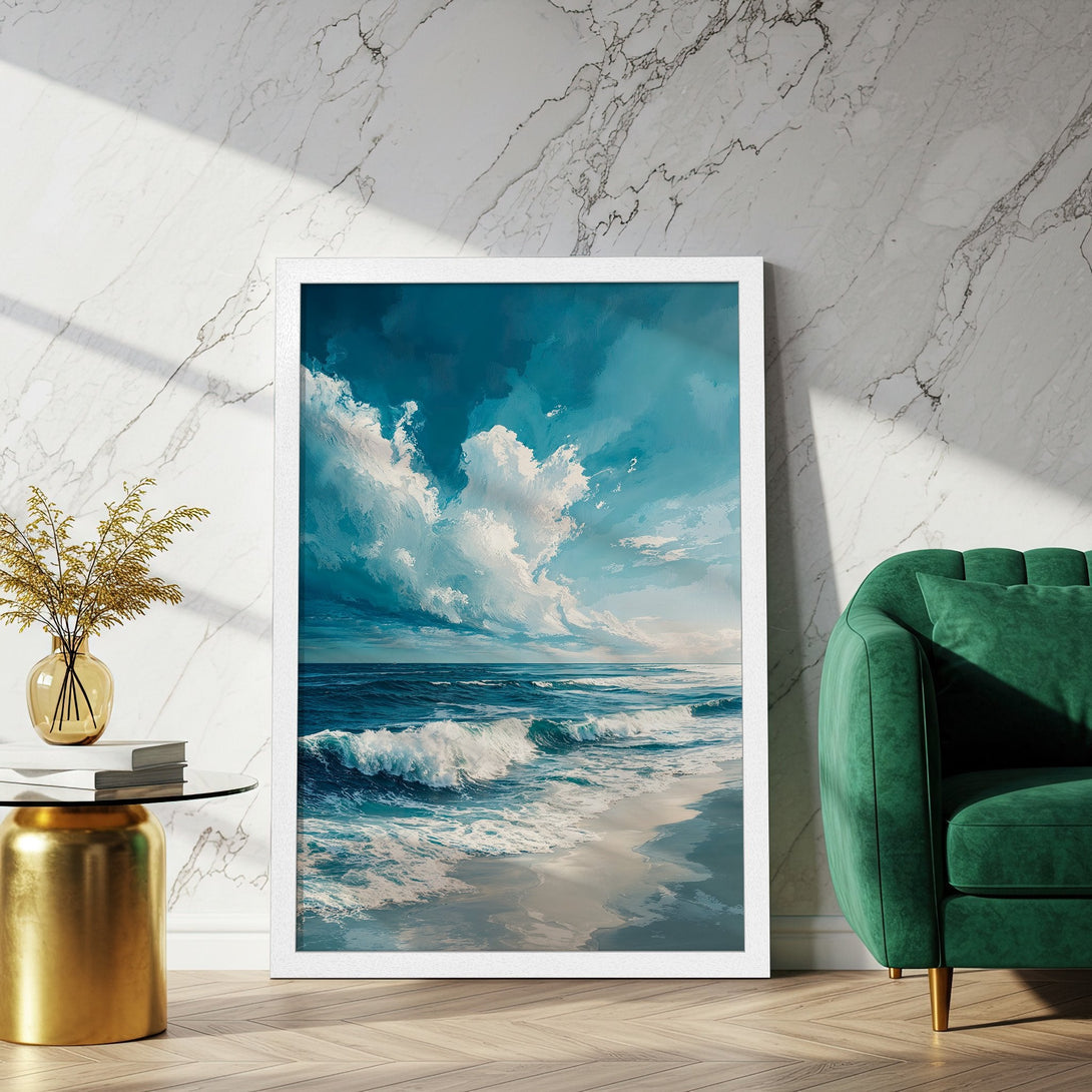 Framed Poster: Ocean waves art print in blue and white, perfect coastal decor. Enhance your space with this stunning artwork.