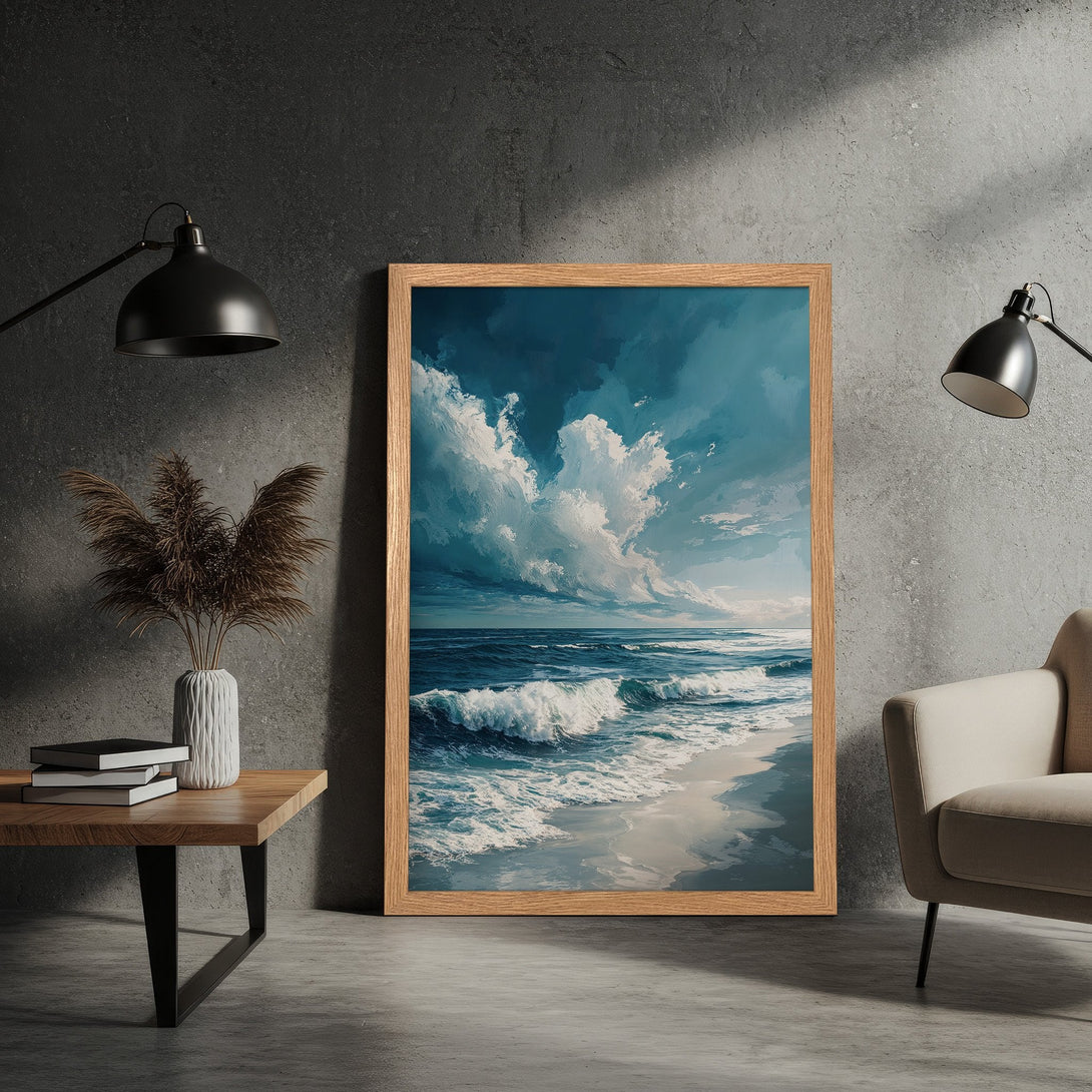 Framed Poster featuring an ocean landscape painting in a blue and white color palette, perfect for coastal decor.
