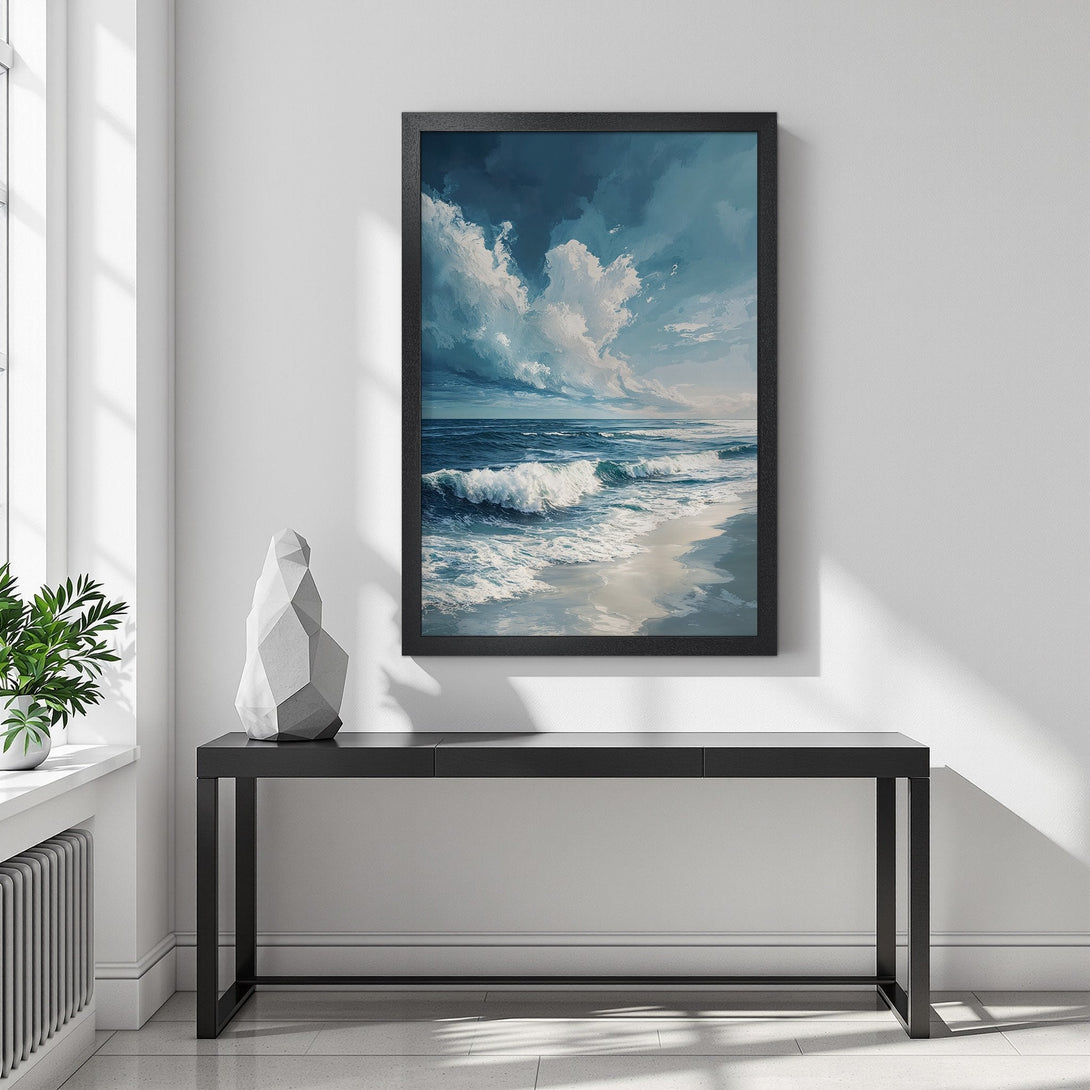 Framed Poster of ocean waves art print, blue and white color palette. Add coastal vibes to your home!