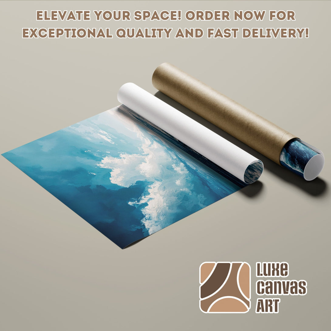 Poster Roll featuring an abstract ocean art print in blue tones. Elevate your space with Luxe Canvas Art. Order now!