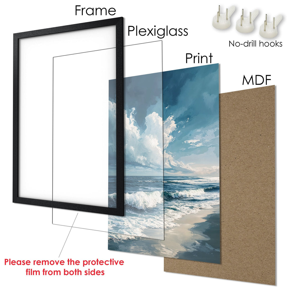Framed Poster: Coastal art print with ocean waves, blue & white color palette, ready to hang. Perfect wall decor!