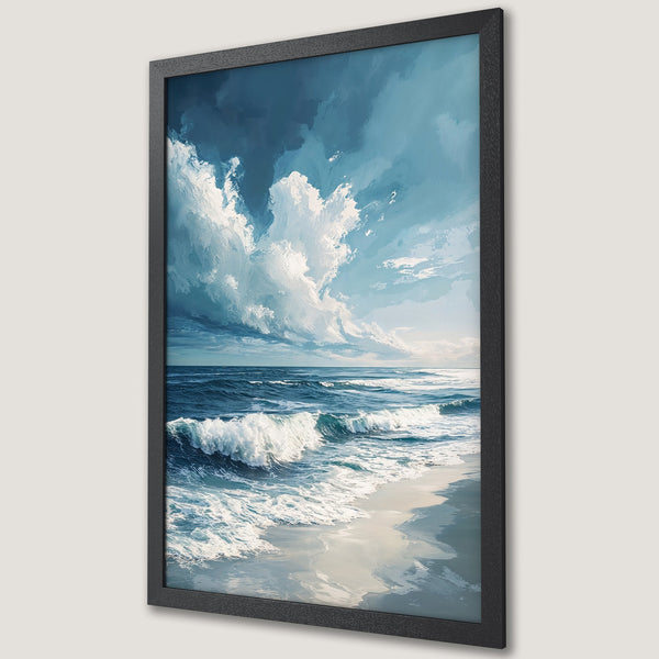 Framed Poster featuring a serene ocean scene with blue and white hues. Coastal art print perfect for home decor.