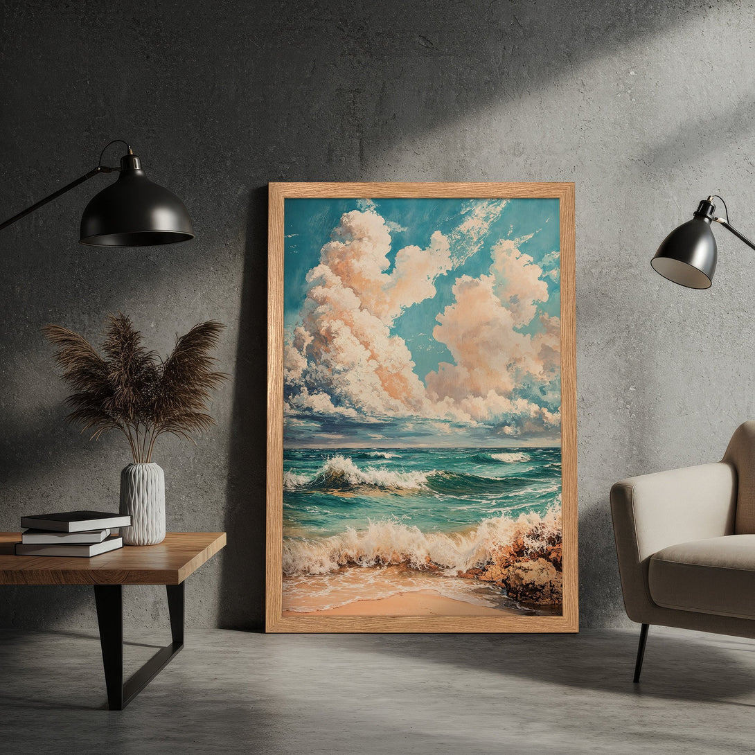 Framed Poster featuring a serene ocean scene in a painterly style with blue, turquoise, and beige tones. Add coastal vibes to your space!