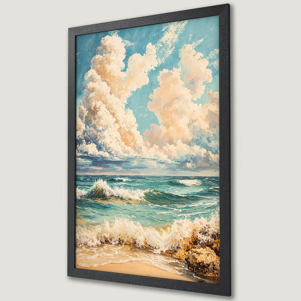 Framed Poster of a serene beach scene with ocean waves and clouds. Coastal art in a calming blue, beige, and white color palette.