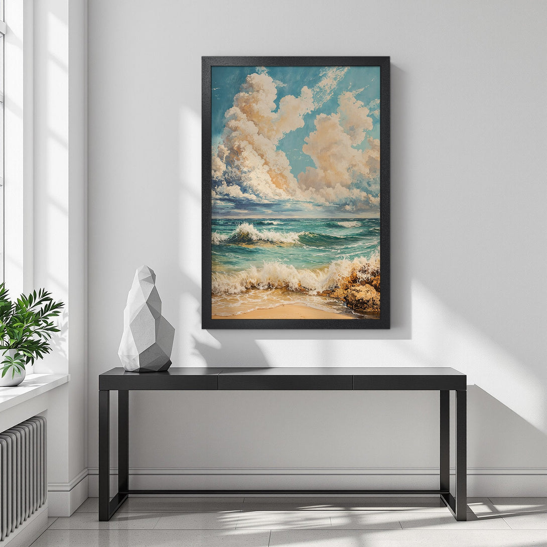 Framed Poster of a beach scene in a blue and beige color palette. Coastal art print for your home decor.
