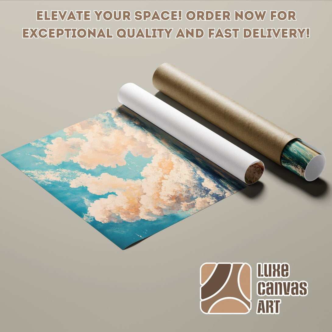 Poster Roll with abstract cloud art in blue and beige tones. Elevate your space with Luxe Canvas Art!