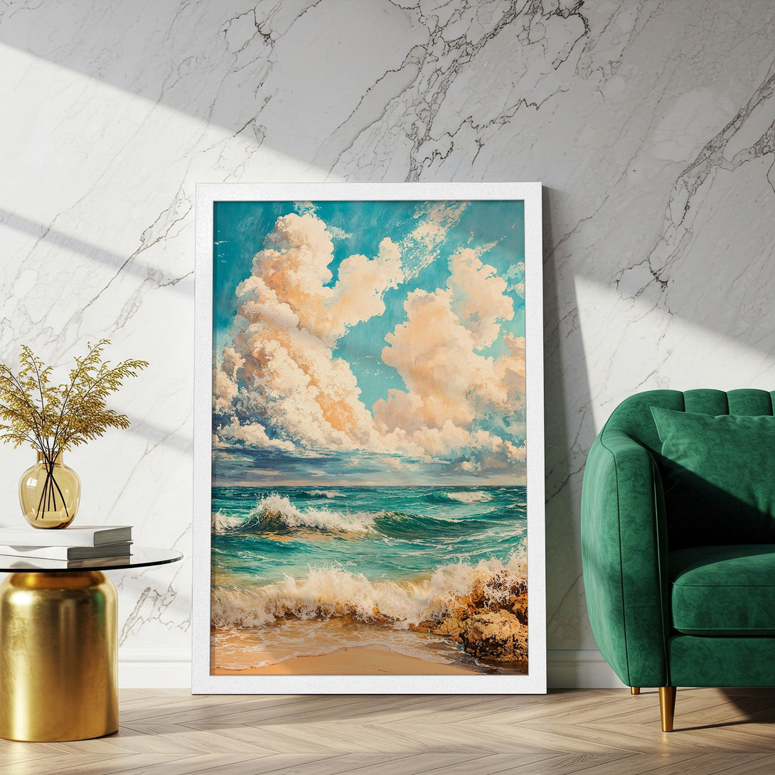 Framed Poster: Serene ocean scene art print with blue, teal, and beige tones. Coastal wall art for a calming home decor.