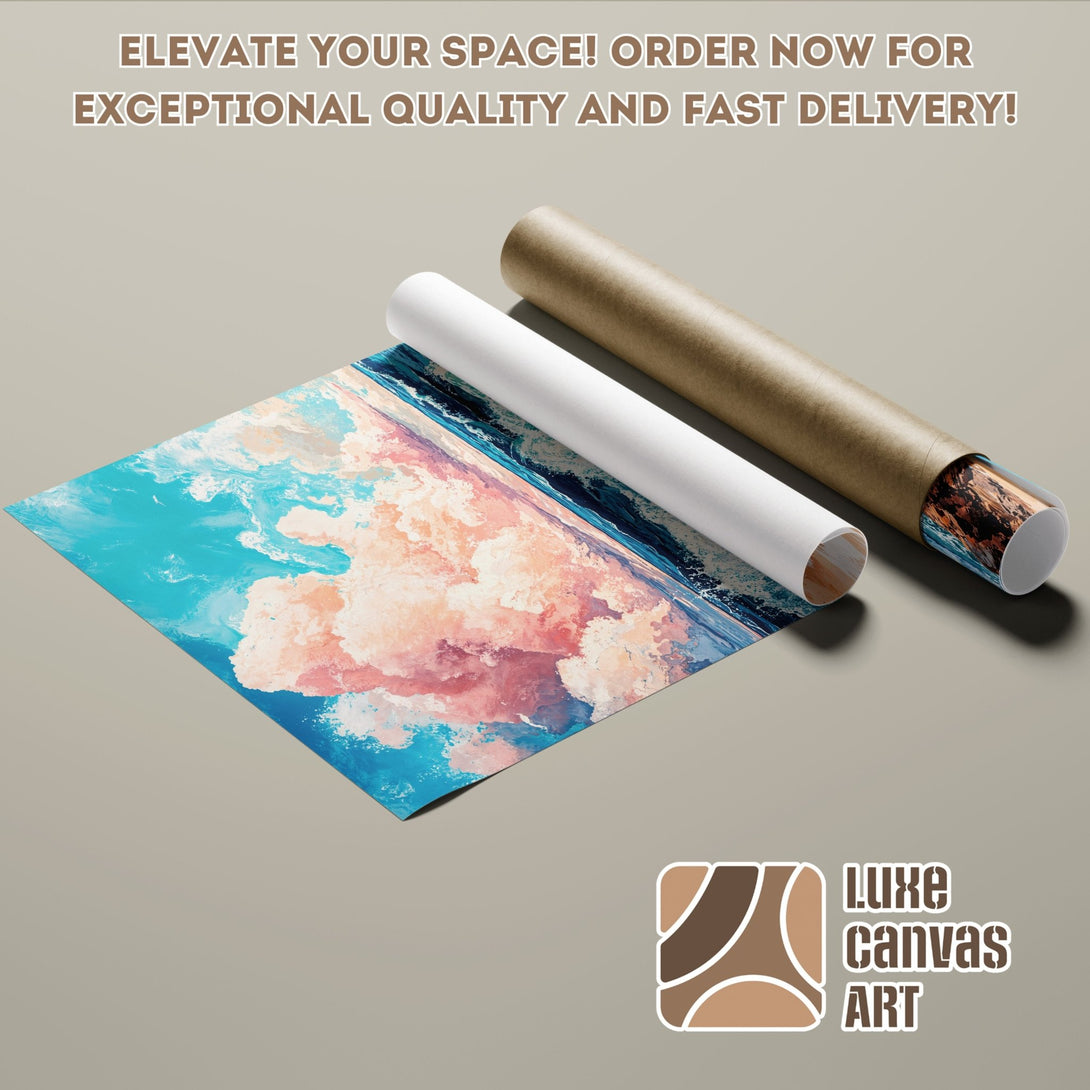 Abstract ocean landscape poster roll with blue, pink, and beige tones. Elevate your space with Luxe Canvas Art!
