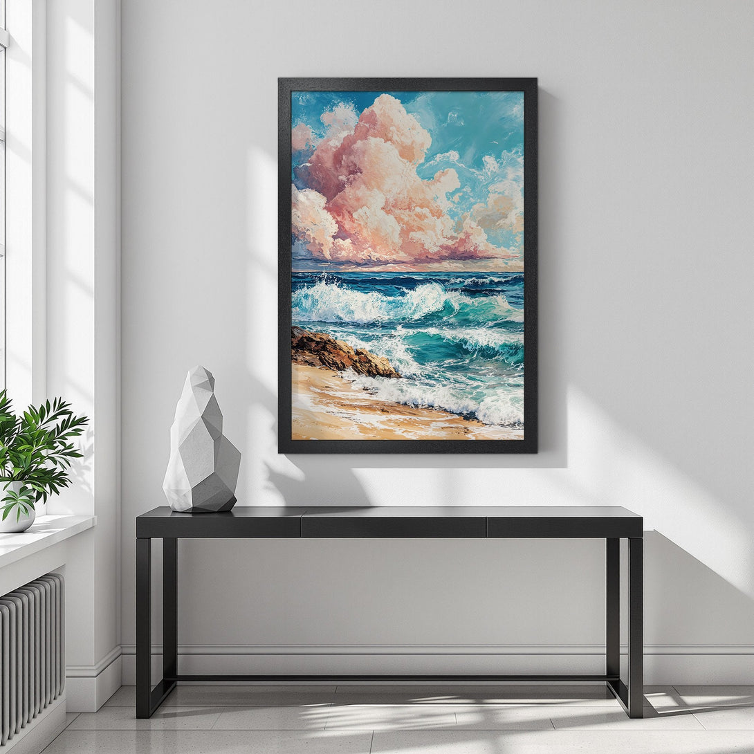 Framed Poster of a vibrant ocean scene with turquoise waves and pink clouds. Artistic style, perfect for coastal decor.
