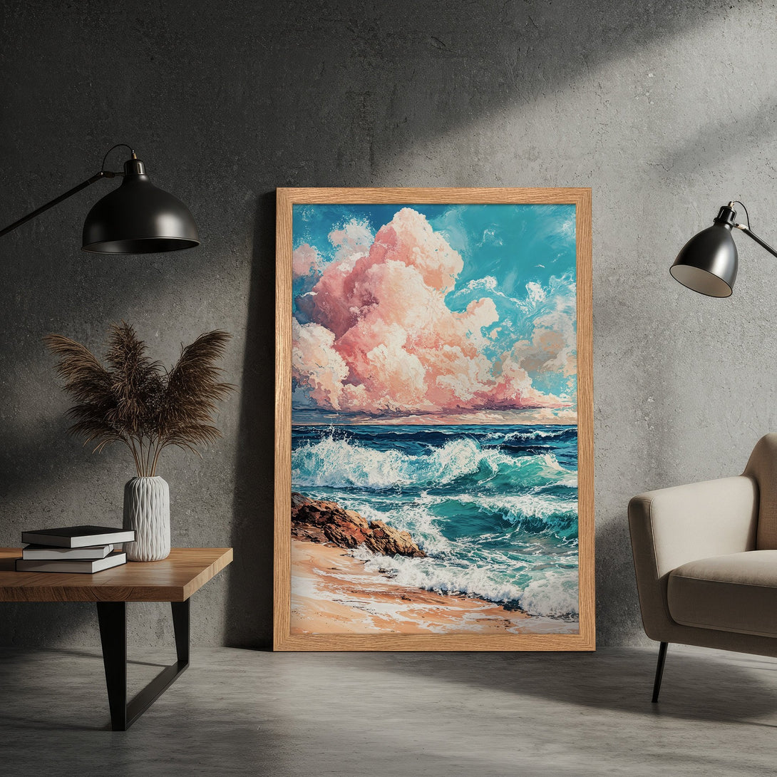 Framed Poster of a vibrant seascape painting with pink clouds, turquoise water, and a warm color palette. Perfect wall art!