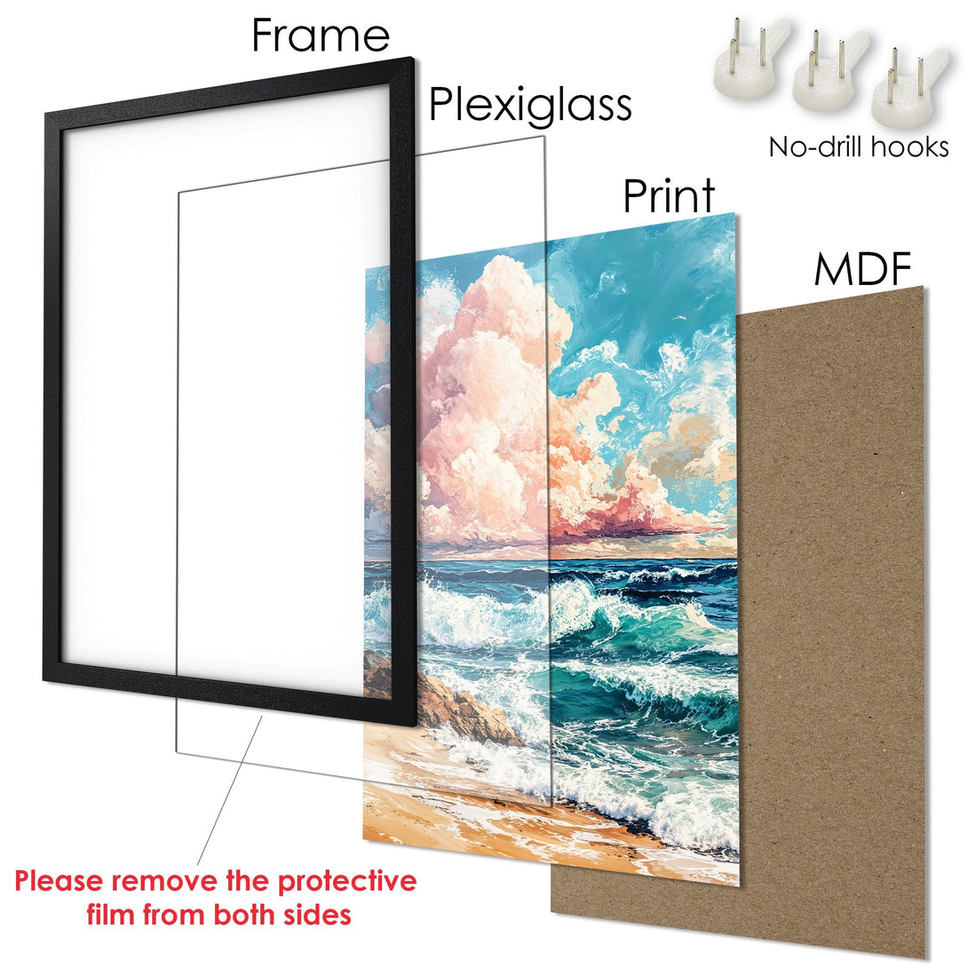 Framed Poster featuring a vibrant ocean scene with a blue, pink, and gold color palette. Perfect wall art!
