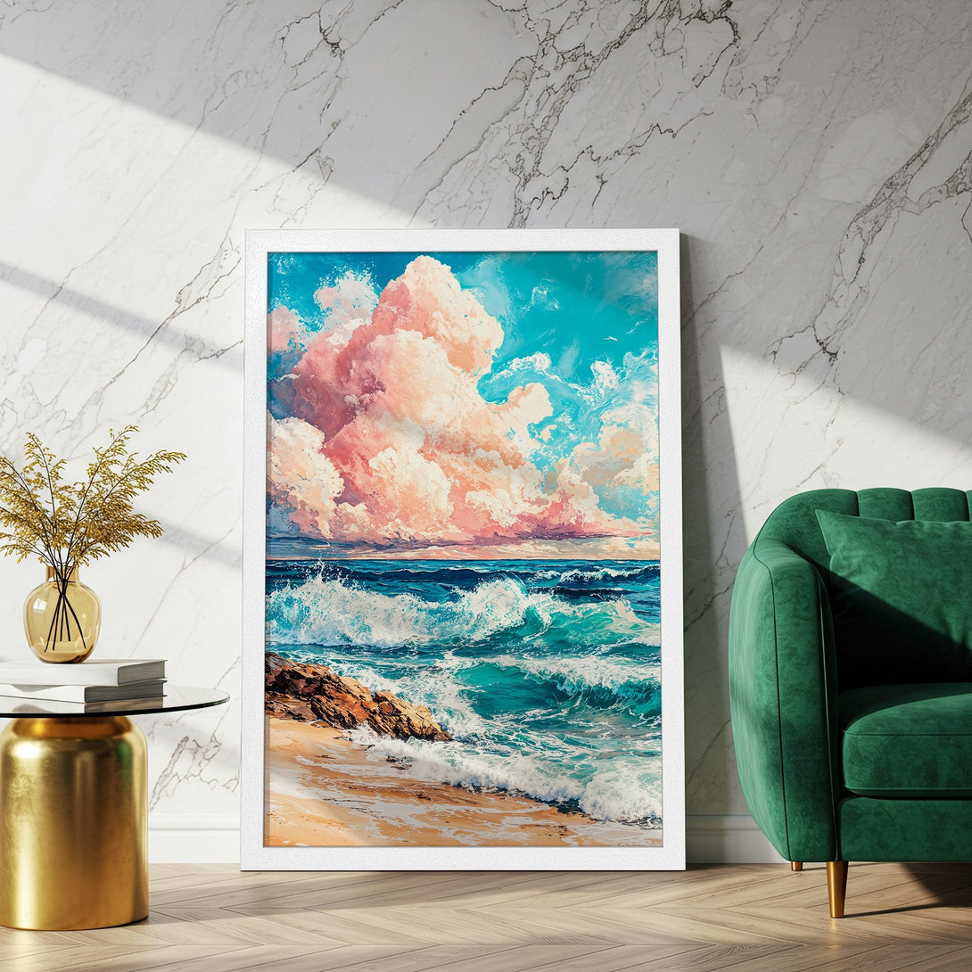 Framed Poster of a vibrant seascape painting. Features a dreamy style with a pastel color palette of blues, pinks, and sandy tones. Perfect wall art!