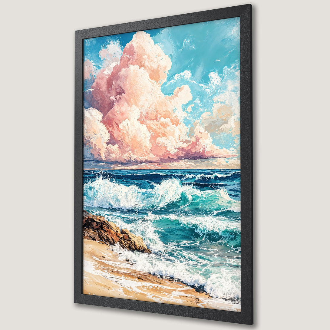 Framed Poster of a seascape with vibrant blue, teal, and pink colors. Artistic style captures waves, clouds, and beach. Perfect wall art.