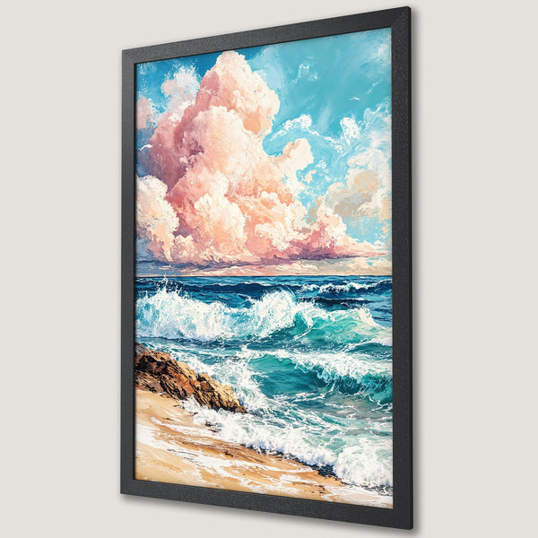 Framed Poster of a seascape with vibrant blue, teal, and pink colors. Artistic style captures waves, clouds, and beach. Perfect wall art.