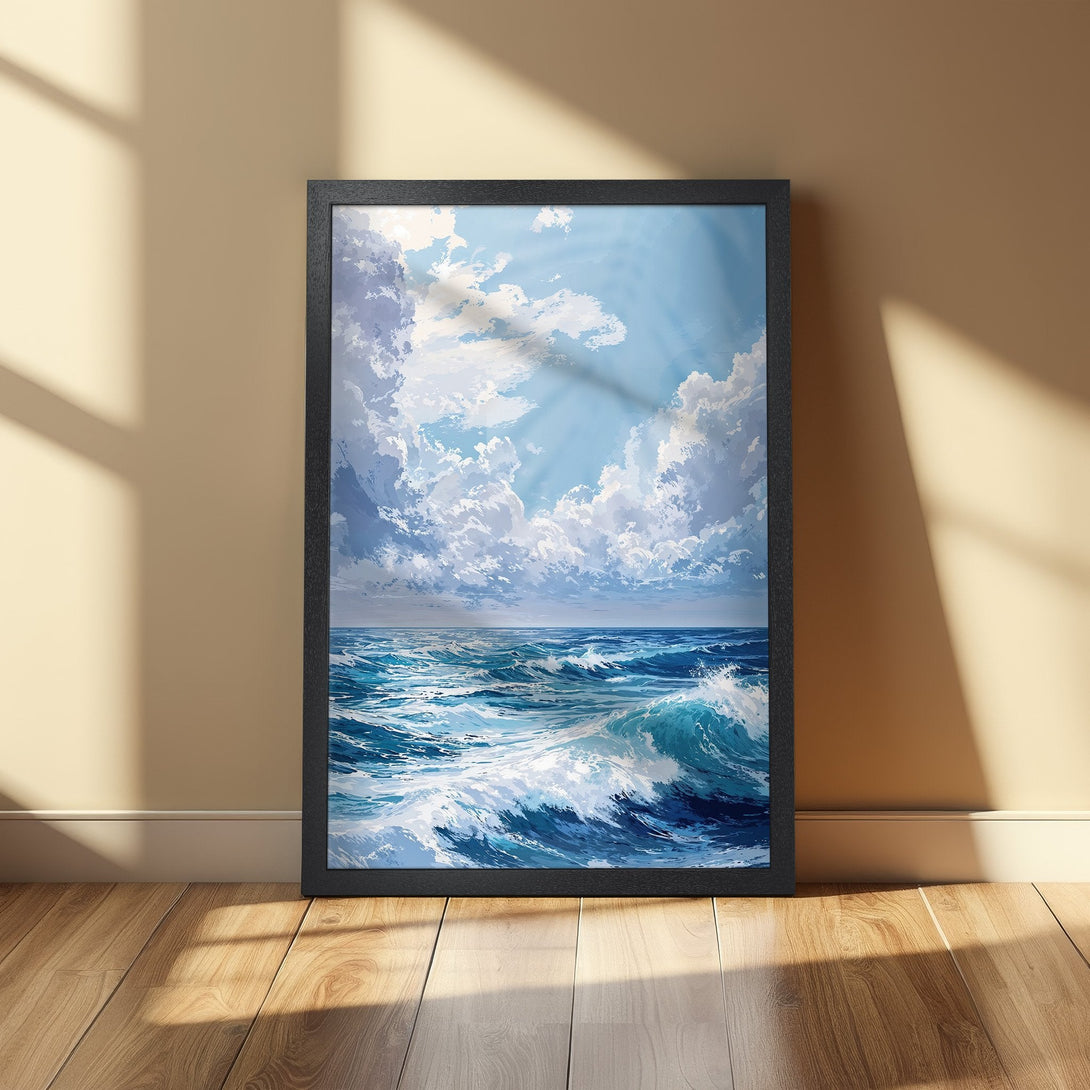 Framed Poster featuring a serene ocean scene with blue and white hues. Perfect wall art to bring the sea to your home!