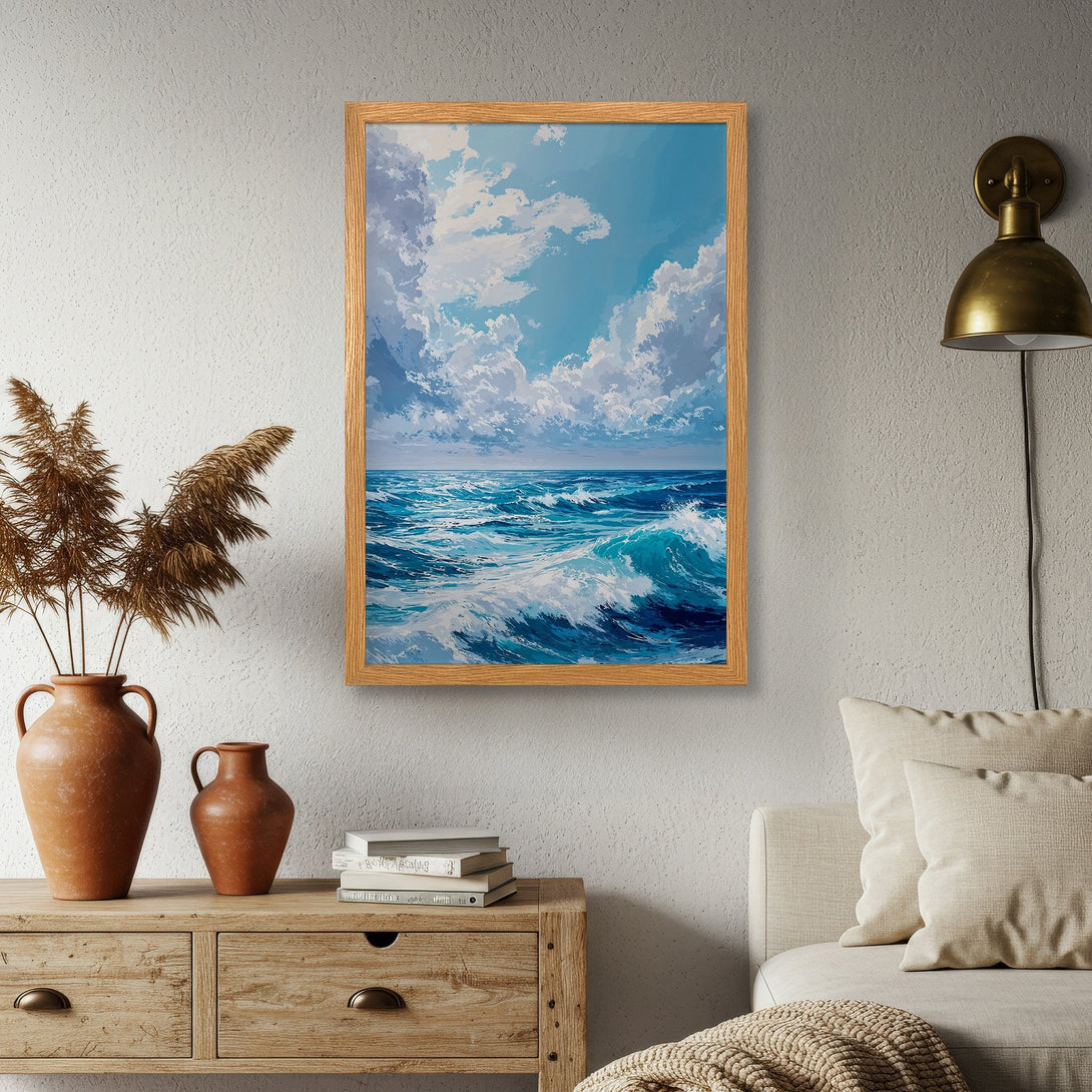 Framed Poster of ocean waves, impressionist style, blue and white color palette. Add coastal vibes to your space!