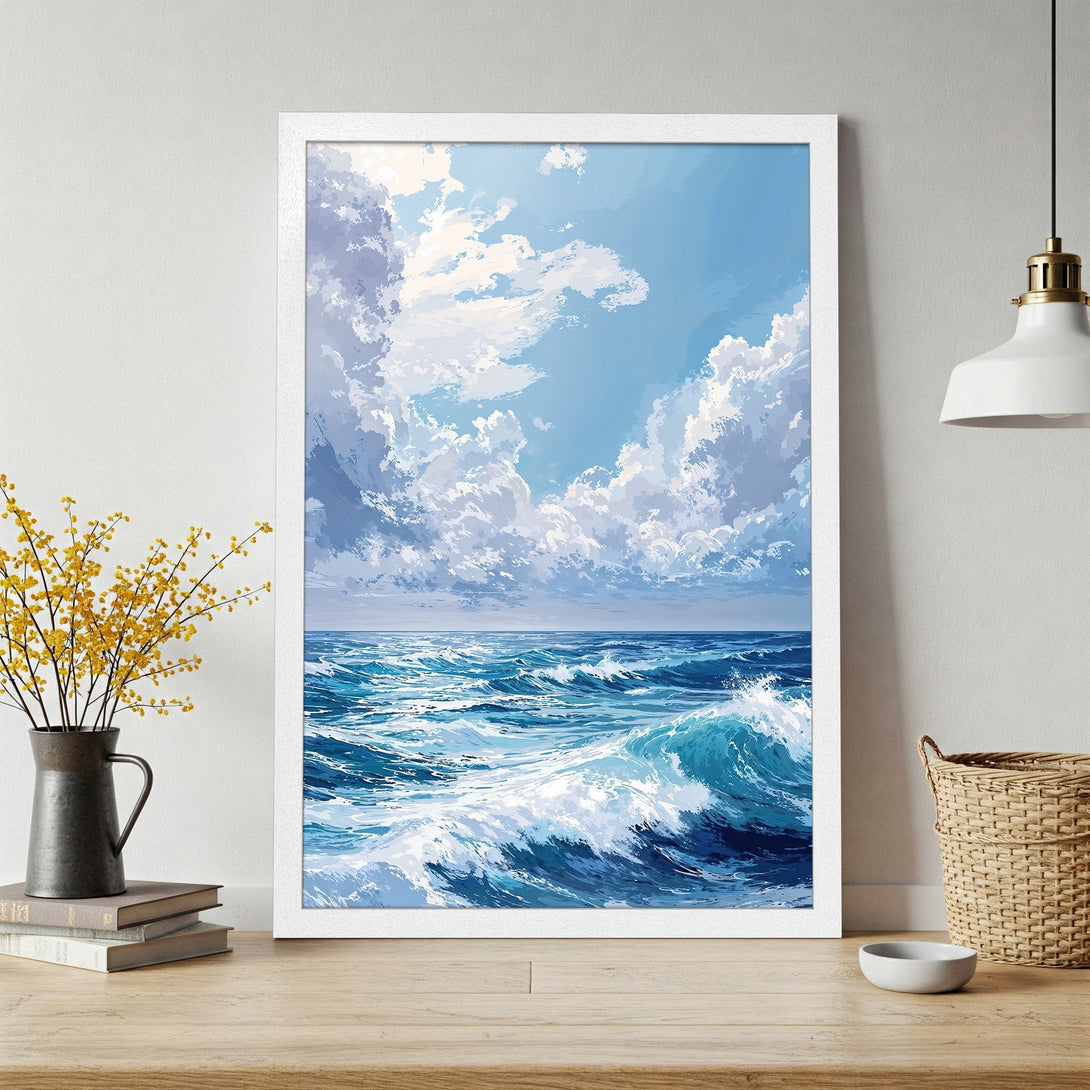 Framed Poster featuring a serene ocean scene with blue and white hues. Perfect coastal art for your home decor.