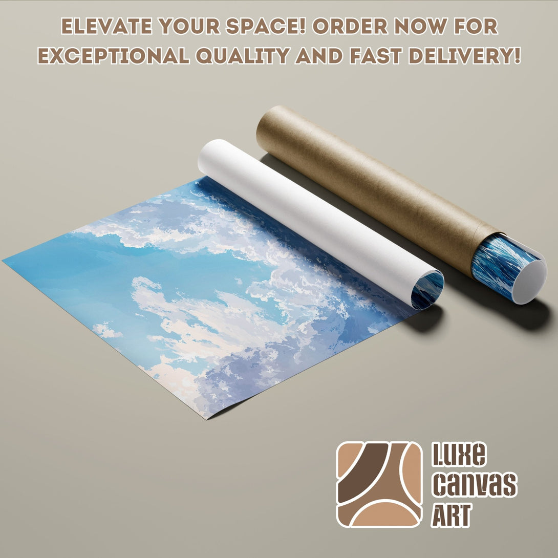 Poster Roll featuring a blue sky and cloud art print. Modern style with a calming blue and white color palette. Order your art today!