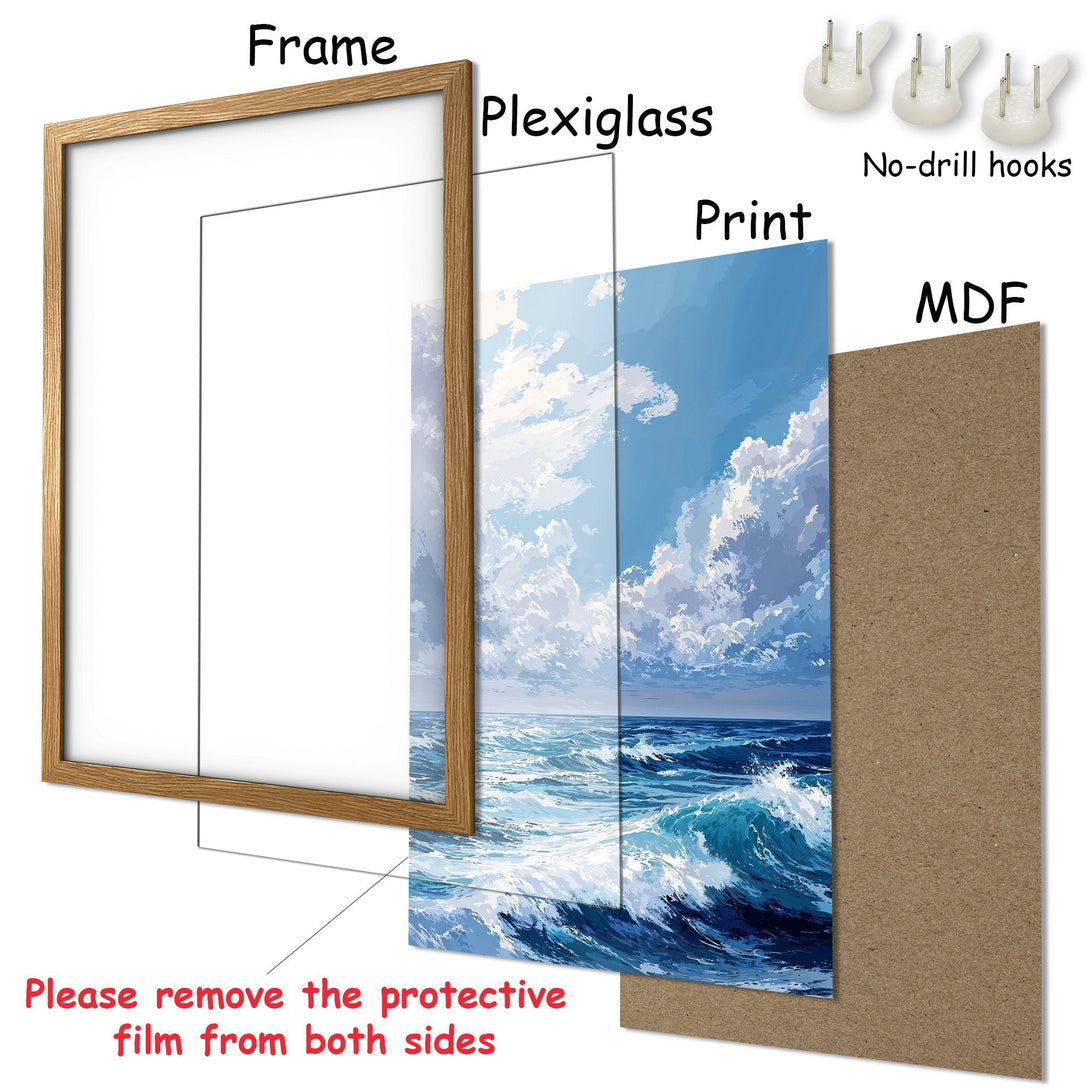 Framed Poster of ocean waves in blue and white, perfect for coastal decor. Includes frame, print, and easy hanging.