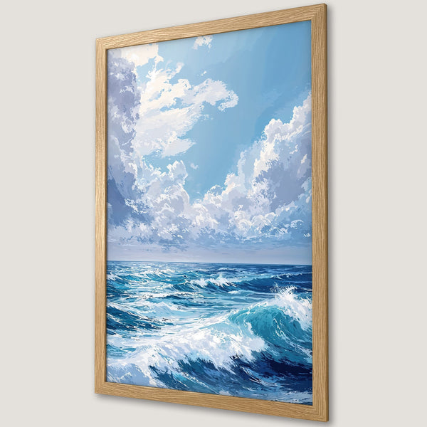 Framed Poster of ocean waves and sky in blue and white, art print for home decor.
