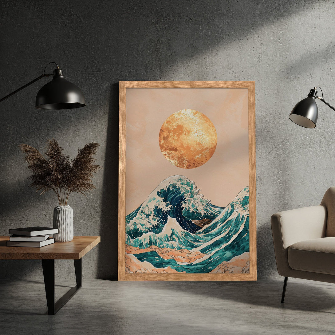 Framed Poster featuring a watercolor-style ocean wave design with a warm color palette. Perfect for adding a touch of art to your home.