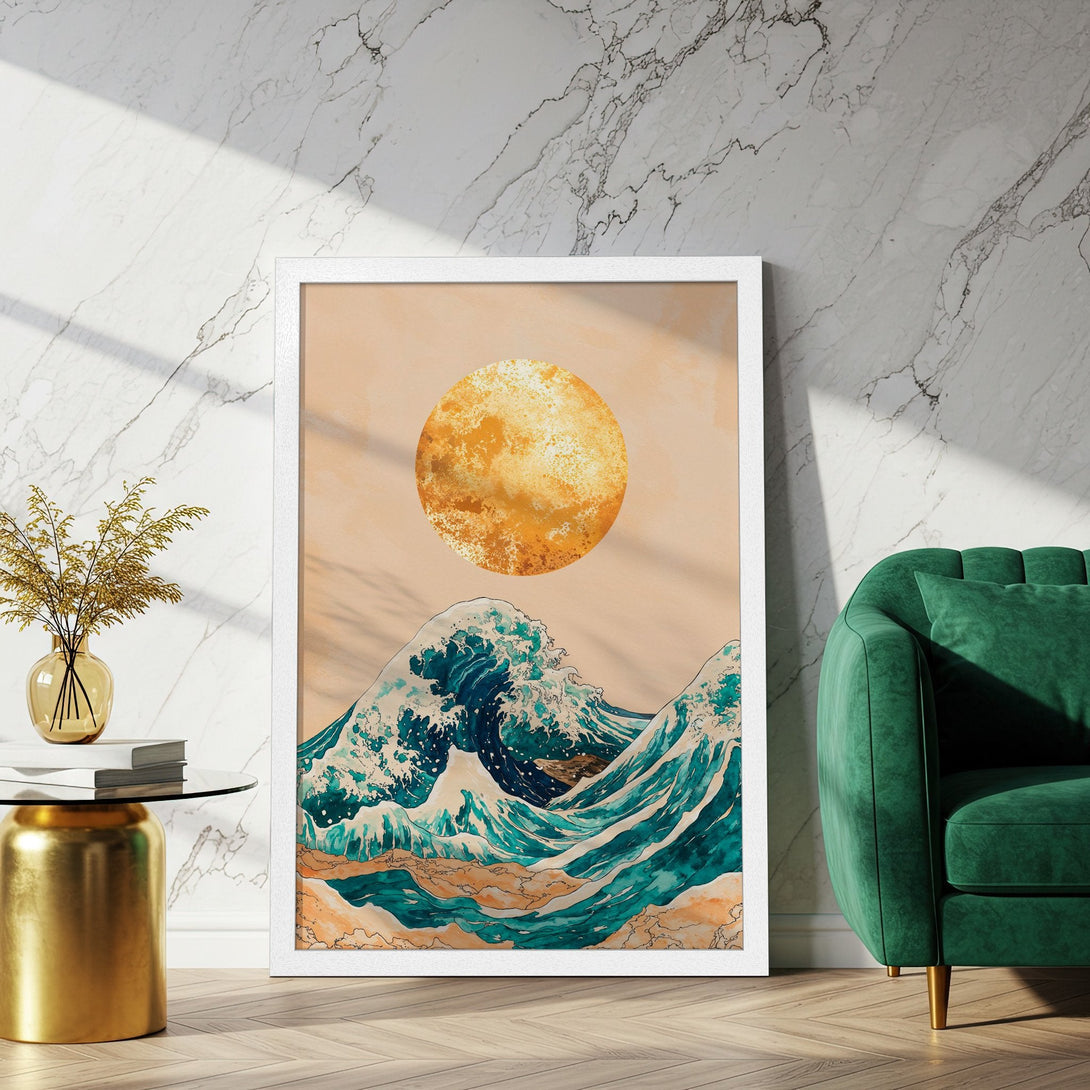 Framed Poster featuring a vibrant ocean wave design, artistic style, with a teal, gold, and beige color palette. Perfect wall art!