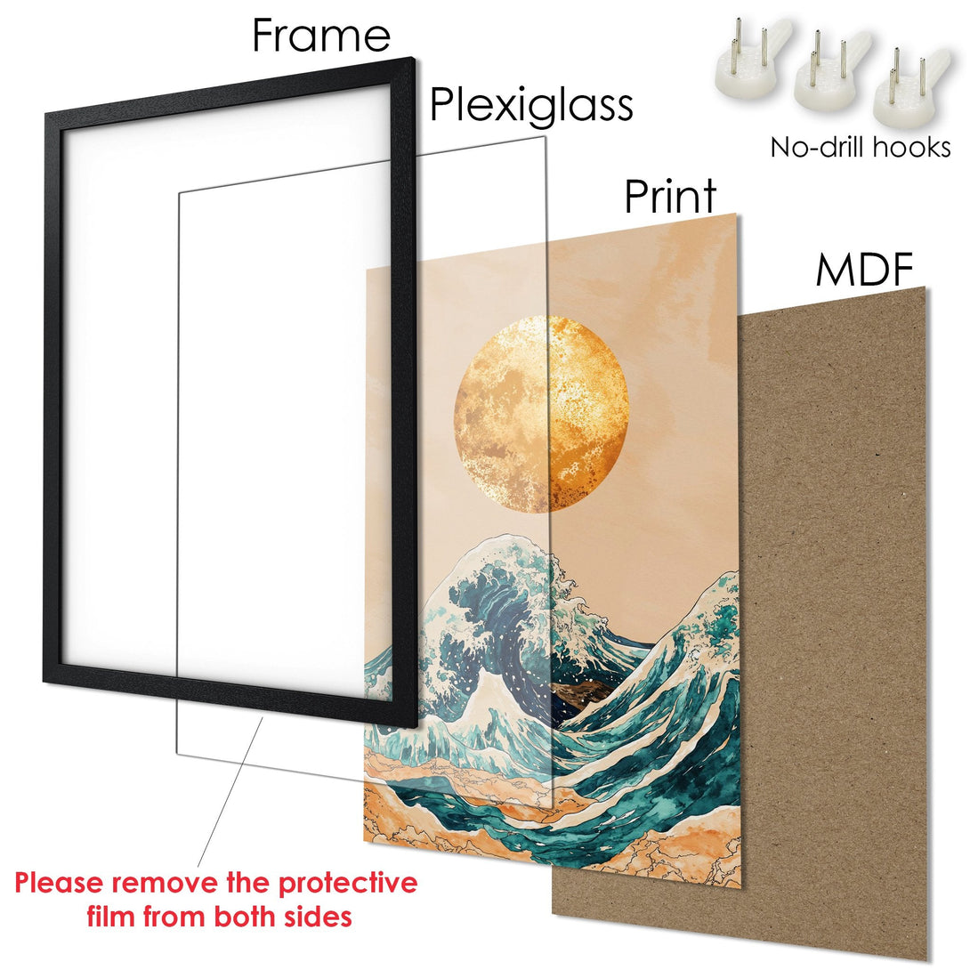 Framed Poster featuring a wave and sun design in a calming teal and beige color palette. Perfect wall art!