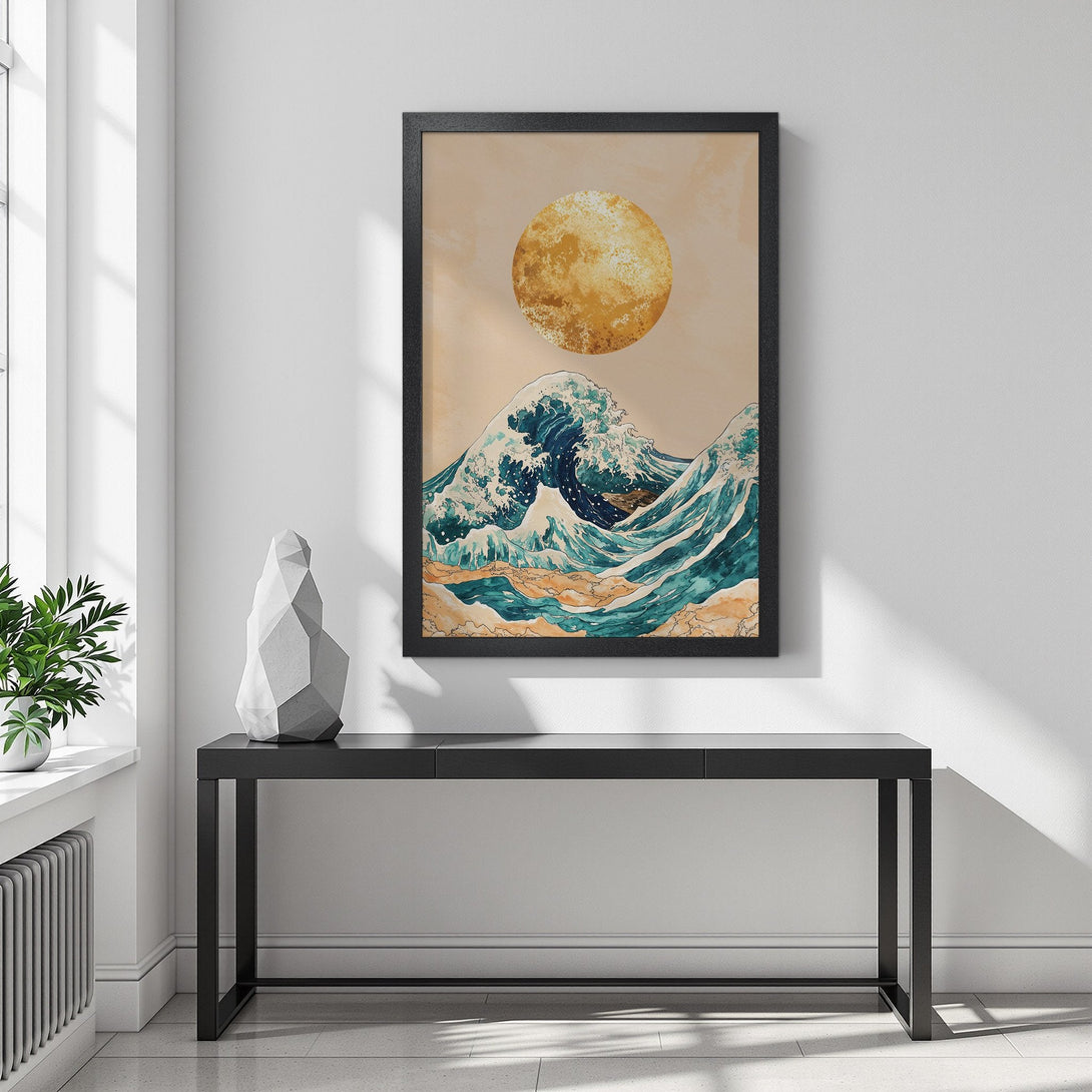 Framed Poster featuring a wave and sun design, with a calming blue, gold, and beige color palette. Perfect wall art!