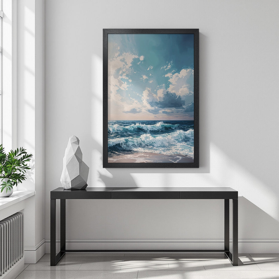 Framed Poster of ocean waves art, blue and white color palette, perfect for coastal decor.