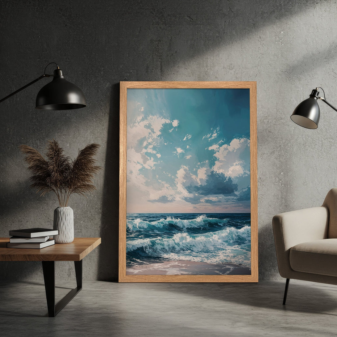 Framed Poster of ocean waves with blue and teal color palette. Coastal art print for home decor.