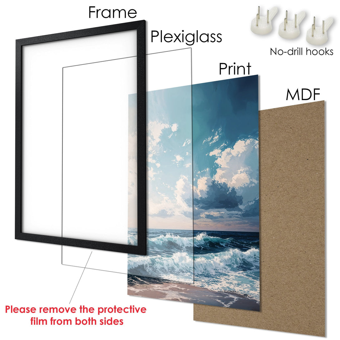 Framed Poster of ocean waves, artistic style, blue and white color palette. Ready to hang art.