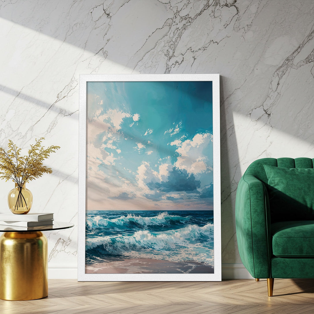 Framed Poster of ocean waves in blue and teal, perfect for coastal decor. Enhance your space with this stunning artwork.