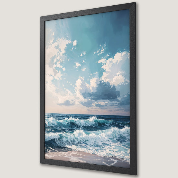 Framed Poster of ocean waves under a cloudy sky. Artistic style with blue, white, and beige color palette. Perfect wall art for your home.