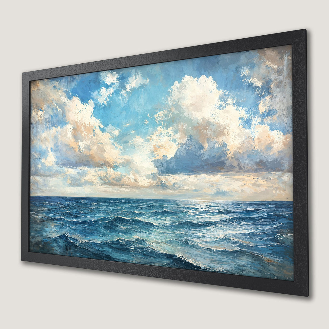 Framed Poster of ocean waves and cloudy sky, painted in a textured style with blue, white, and tan hues.