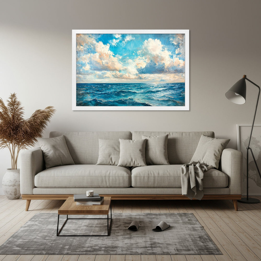 Framed Poster of ocean waves in a vibrant blue and white color palette. Perfect wall art for a calming living room.