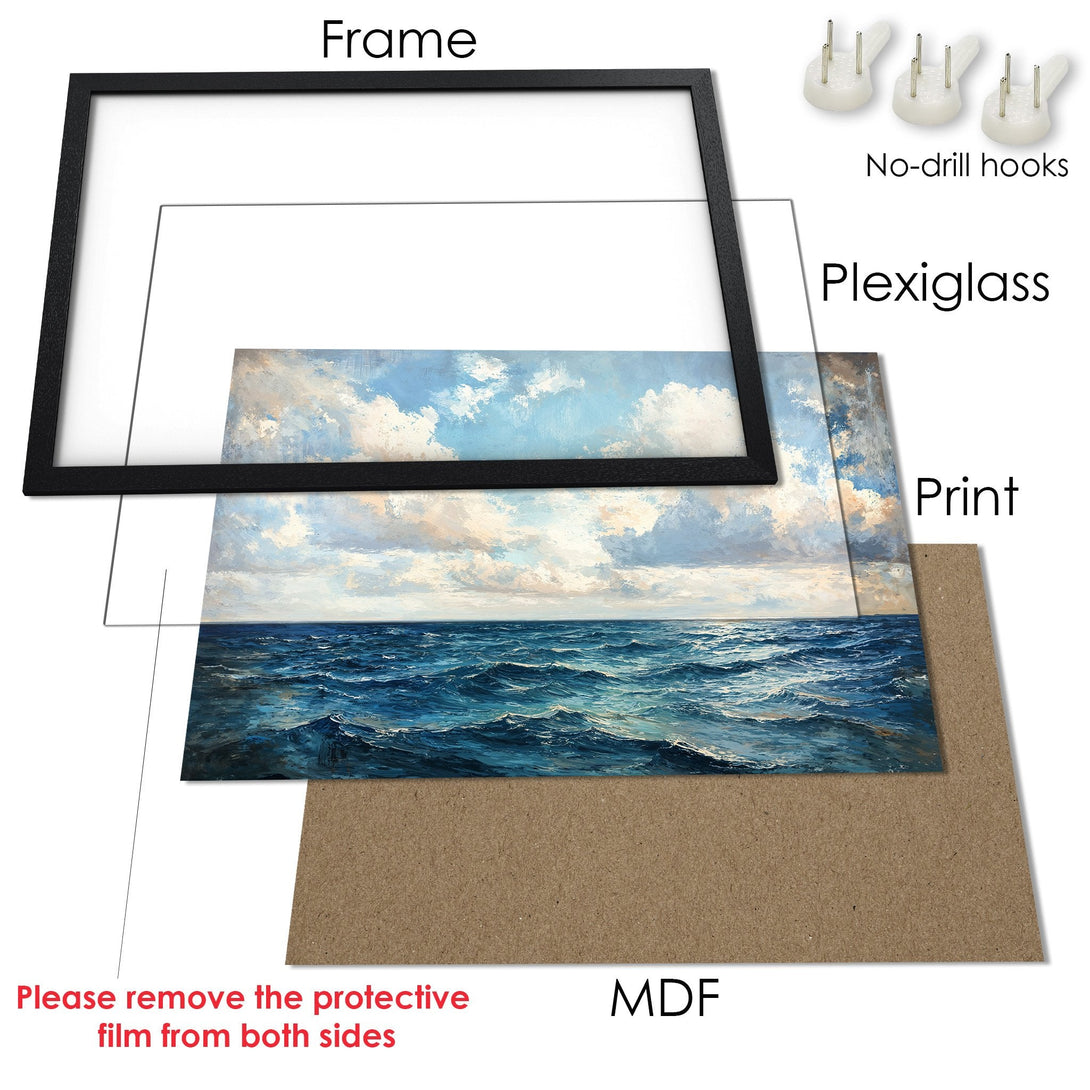 Framed Poster of ocean scene in impressionist style, blue and white color palette. Perfect wall art for your home!