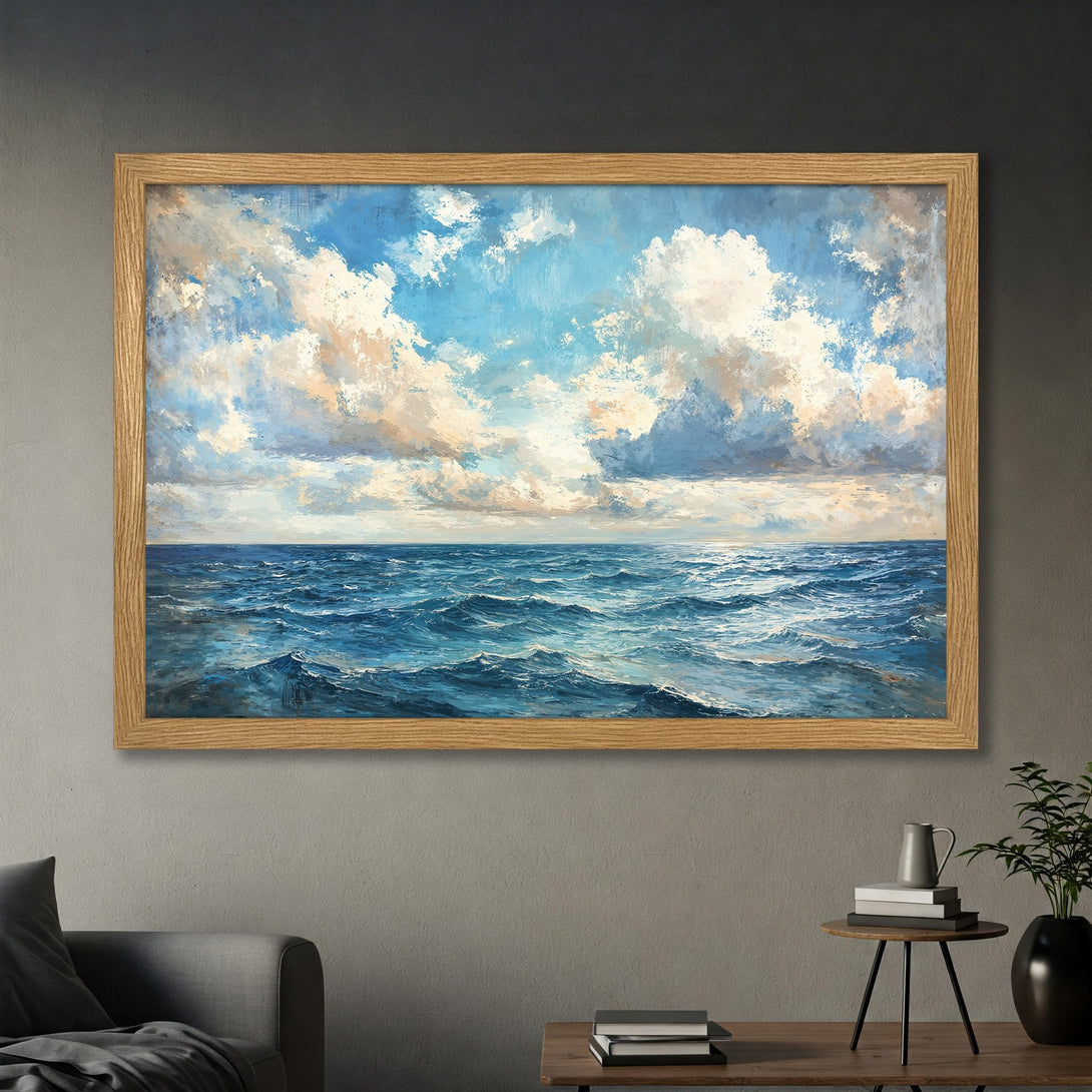 Framed Poster featuring an ocean landscape painting in blue, white, and beige. Perfect wall art for a calming space.