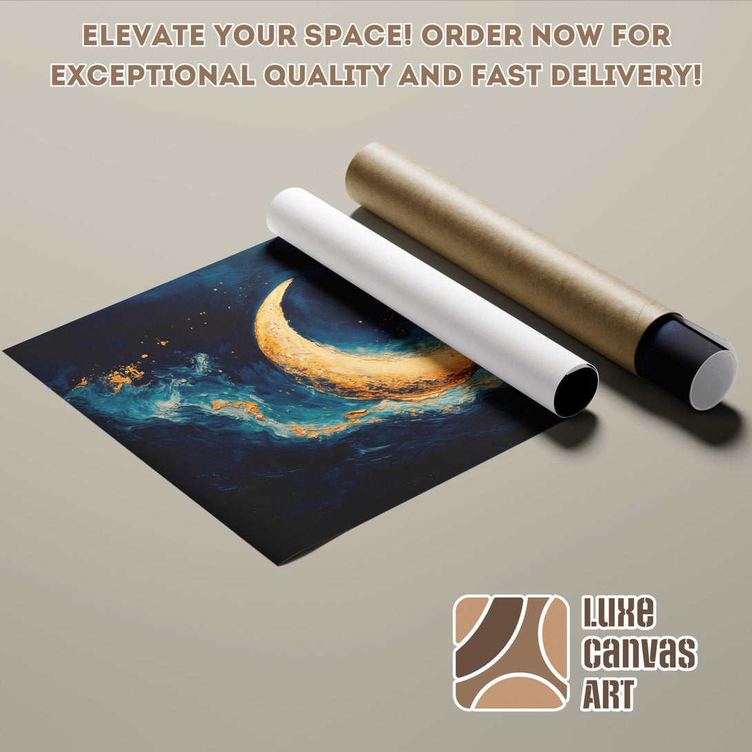 Poster Roll featuring a celestial moon art print in blue, gold tones. Elevate your space!