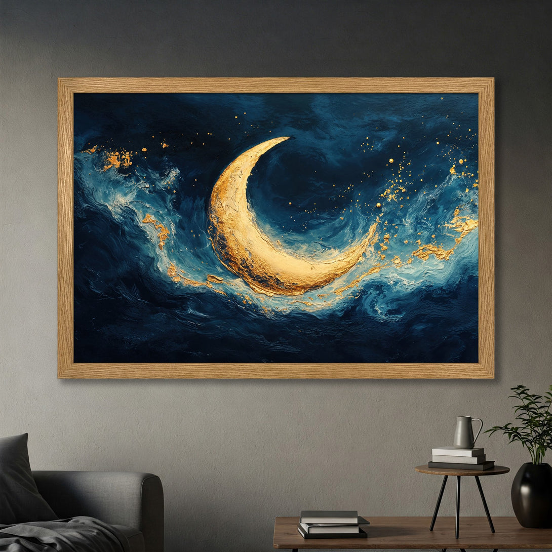 Framed Poster featuring a golden crescent moon over a dark blue, abstract ocean. Modern art with gold accents.